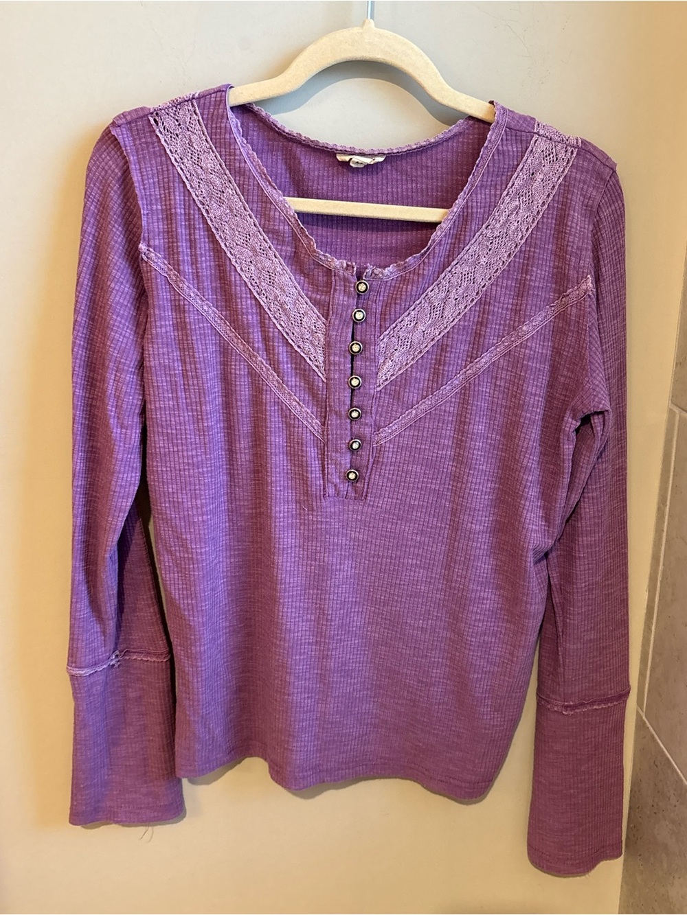 POL Lavender Lace-Trim Waffle Henley Long Sleeve Top